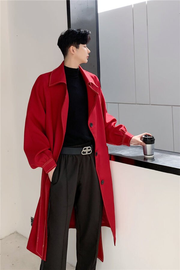 Series Open-line Lantern Sleeve Raglan Over The Knee Long Trench Coat with Belt