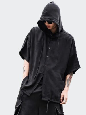 Japanese Streetfashion Dark Style Solid Color Bagged Hooded Drawstring Shirt Coat