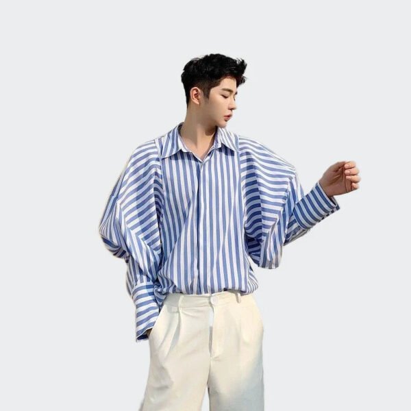 Fashion Puffy Sleeve Shirt Casual Blue and White Striped Shirt Striped Long Sleeve Shirt