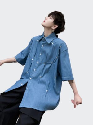 Solid Pleated Loose Fitting Short Sleeved Shirt-Shirts