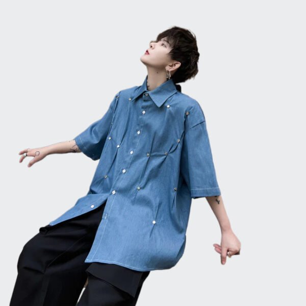 Solid Pleated Loose Fitting Short Sleeved Shirt