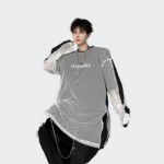 American Premium Cutout Design Long Sleeve T-shirt Mesh Layered Loose Top