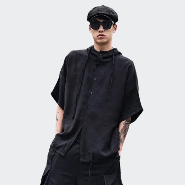 Japanese Streetfashion Dark Style Solid Color Bagged Hooded Drawstring Shirt Coat