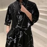 Men's Printed Loose Jumpsuit Black Jumpsuit Half Sleeve Jumpsuit