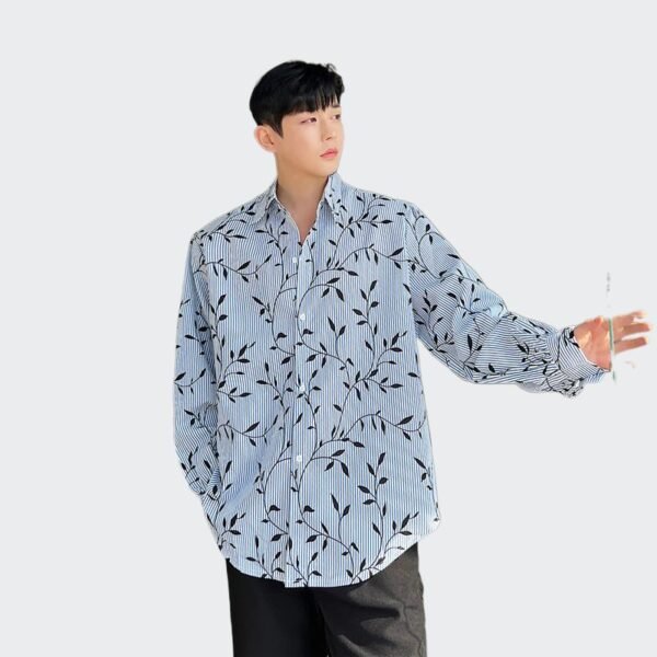 New Trendy And Stylish Personality Leaf Print Striped Loose Casual Korean Shirts