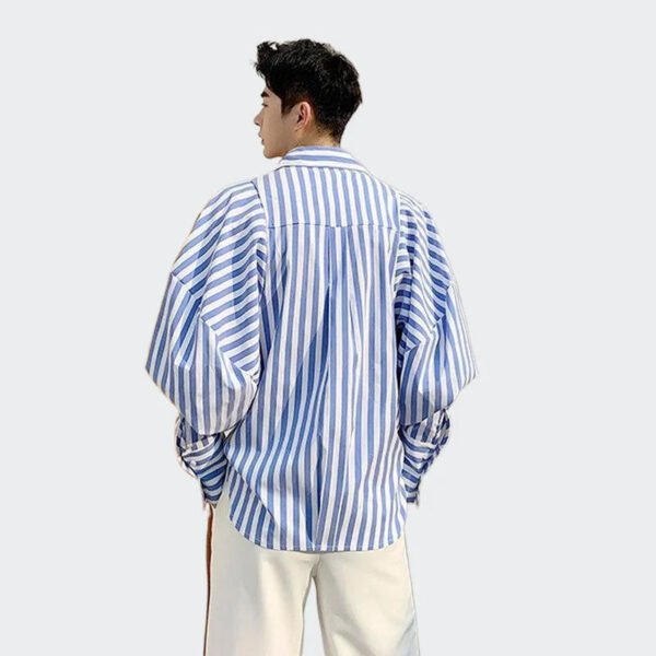 Fashion Puffy Sleeve Shirt Casual Blue and White Striped Shirt Striped Long Sleeve Shirt