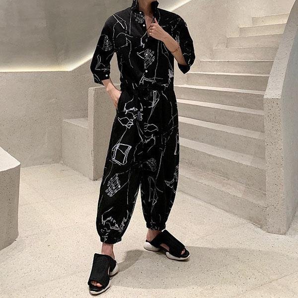 Men's Printed Loose Jumpsuit Black Jumpsuit Half Sleeve Jumpsuit