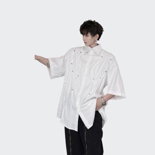 Solid Pleated Loose Fitting Short Sleeved Shirt