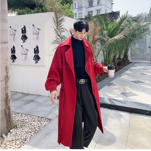 Series Open-line Lantern Sleeve Raglan Over The Knee Long Trench Coat with Belt