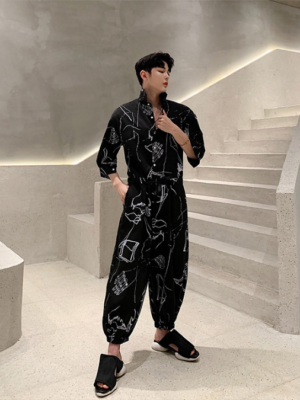 Men's Printed Loose Jumpsuit Black Jumpsuit Half Sleeve Jumpsuit-Suits