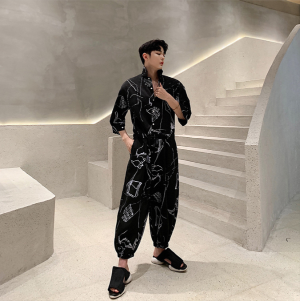 Men's Printed Loose Jumpsuit Black Jumpsuit Half Sleeve Jumpsuit