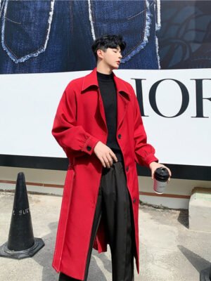 Series Open-line Lantern Sleeve Raglan Over The Knee Long Trench Coat with Belt