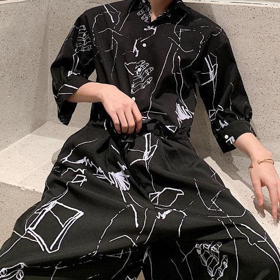 Men's Printed Loose Jumpsuit Black Jumpsuit Half Sleeve Jumpsuit