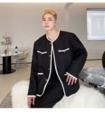New Small Fragrance Cotton and Linen Woven Round Neck Jacket