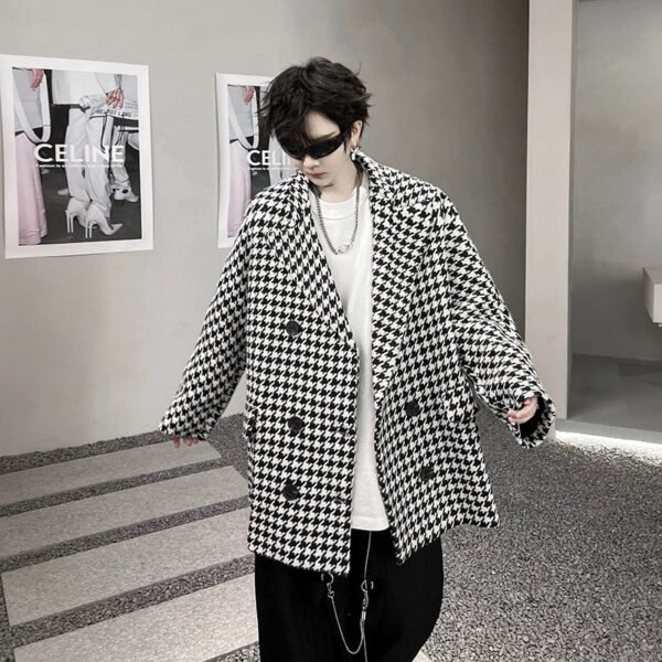 French Chic Houndstooth Double-breasted Suit Jacket High End Retro Woolen Windbreaker