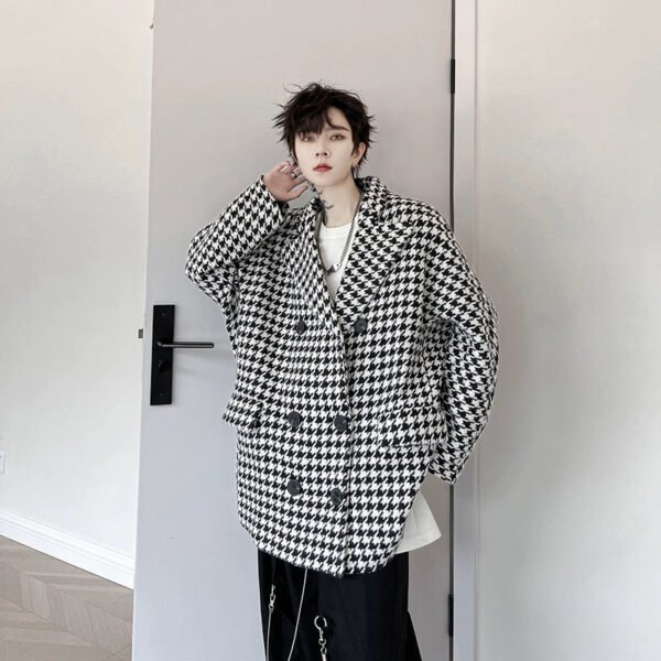 French Chic Houndstooth Double-breasted Suit Jacket High End Retro Woolen Windbreaker