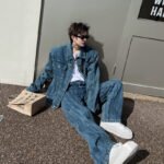 Spring Solid Color Pleated Design Denim Jacket Cow Loose Suits