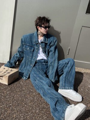 Spring Solid Color Pleated Design Denim Jacket Cow Loose Suits