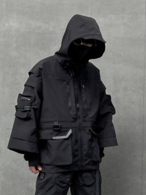 Dark Solid Color Jacket Functional Style Loose Techwear Coats Trendy Brand Hooded Three Quarter Sleeve Jacket
