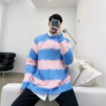 Trendy Striped Casual Knitted Sweater Personalized Ripped Silhouette Pullover Sweater