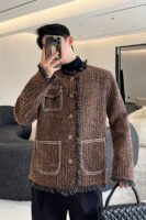 Three Dimensional Tweed Brown Woven Blazer Raw Edge Round Collar Metal Button Small French Chic Style Jacket