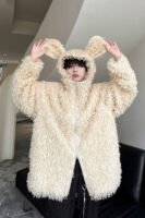 Internet Celebrity Large Hoodies Short Loose Rabbit Ears Plush Coat Winter Coat