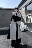 Autumn and Winter Shoulder Pads Contrasting Color Splicing Long Coat  Thickened Loose Woolen Windbreaker Jacket