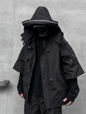 Dark Solid Color Jacket Functional Style Loose Techwear Coats Trendy Brand Hooded Three Quarter Sleeve Jacket-Techwear Coats-Dawfashion-new