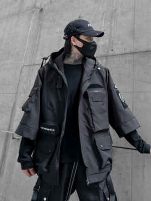 Dark Solid Color Jacket Functional Style Loose Techwear Coat Trendy Brand Hooded Three Quarter Sleeve Jacket