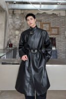 Improved Round Neck Chinese Element Long Coat Pu Leather New Chinese Style Windbreaker