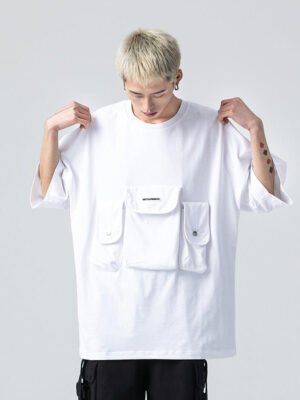 Functional Round Neck Loose Workwear Pocket Panel T-shirt