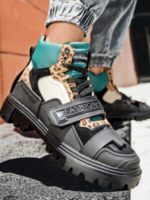 High Cut Leopard Print Short Tube Motorcycle Casual Shoes