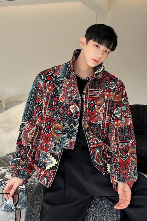 Four Seasons Korean Version Yarn-dyed Jacquard Ethnic Style Design Loose Top Jackets