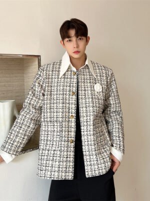 Korean Version Fake Two Pearl Embellished Large Neckline Trend Shirt Jackets