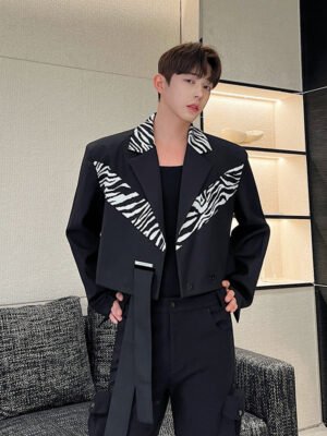 Original Design Contrasting Zebra Print Statement Short Streamer Blazer Jackets