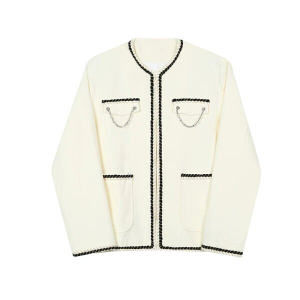 Autumn New Trendy Jacket with Personalized Pattern and Color Trim French Chic Style Collarless Style Coat