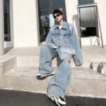 Spring Gradient Ripped Loose Denim Jacket Set Suits