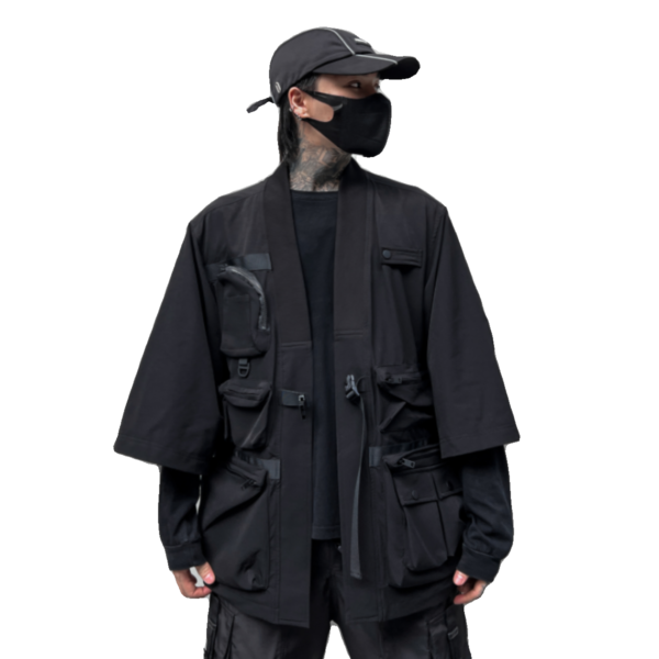 Solid Color Dark Multi Pocket Casual Jacket Trendy Loose Three Quarter Sleeve Techwear Coat