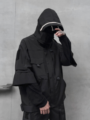 Dark Solid Color Jacket Functional Style Loose Techwear Coats Trendy Brand Hooded Three Quarter Sleeve Jacket