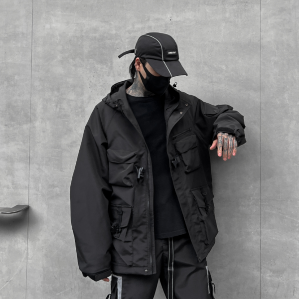 Dark Design Solid Color Jacket Functional Style Loose Workwear Trendy Brand Casual Hooded Techwear Coats