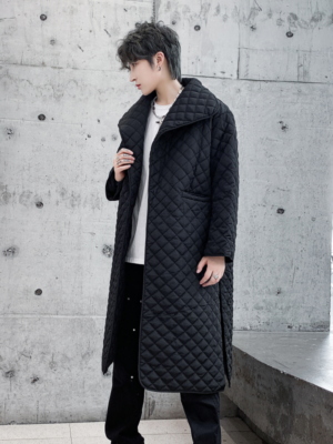 Winter Rhombus Plaid Loose Mid Length Knee Length Cotton Long Coat Trendy Warm Cotton Windbreaker Jacket