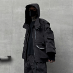 Dark Solid Color Jacket Functional Style Loose Techwear Coats Trendy Brand Hooded Three Quarter Sleeve Jacket