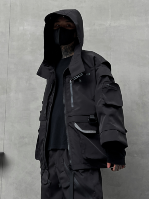 Dark Solid Color Jacket Functional Style Loose Techwear Coats Trendy Brand Hooded Three Quarter Sleeve Jacket-Techwear Coats-Dawfashion-new