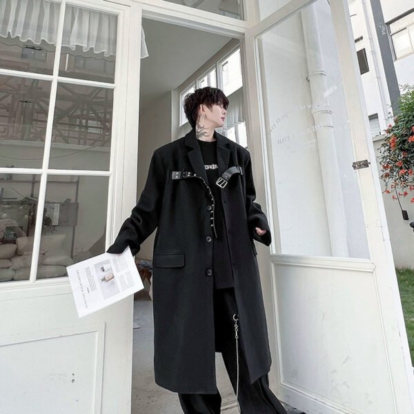 Trendy Niche Woolen Coat Mid-length Shoulder-padded Coat Thickened Knee-high Metal Buckle Windbreaker