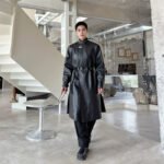 Improved Round Neck Chinese Element Long Coat Pu Leather New Chinese Style Windbreaker