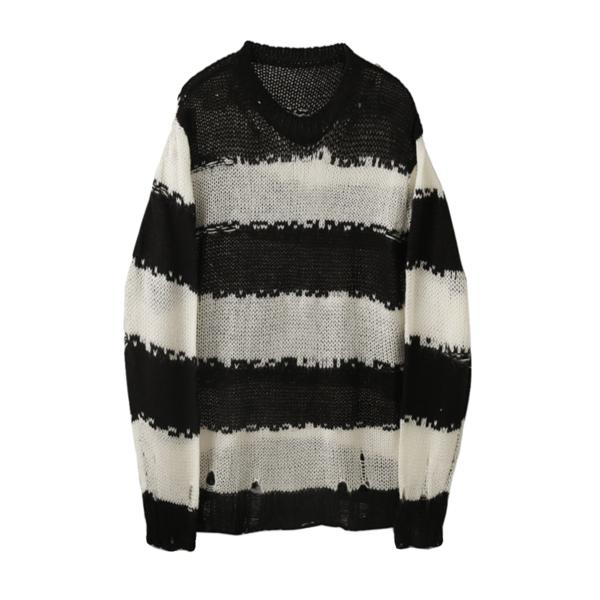 Trendy Striped Casual Knitted Sweater Personalized Ripped Silhouette Pullover Sweater