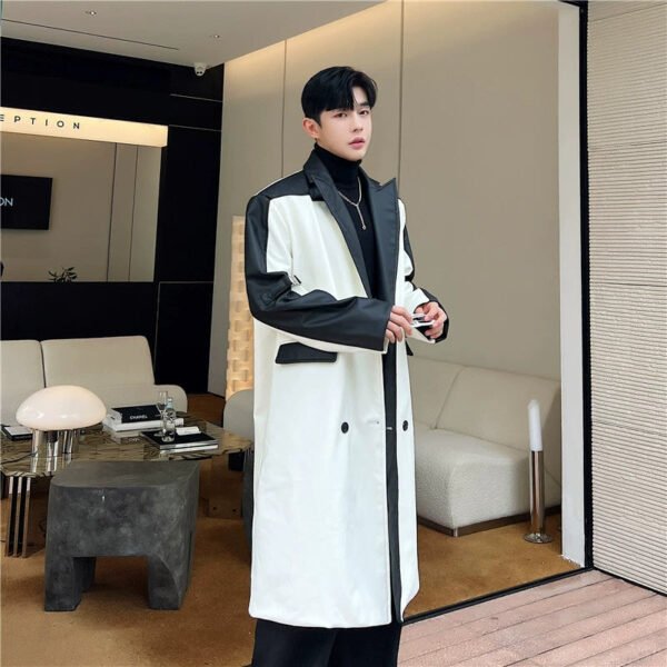 Streetfashion Windbreaker Trendy Personalized Design Black and White Contrasting Long Leather Coat