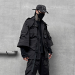 Dark Solid Color Jacket Functional Style Loose Techwear Coat Trendy Brand Hooded Three Quarter Sleeve Jacket