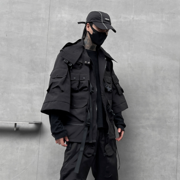 Dark Solid Color Jacket Functional Style Loose Techwear Coat Trendy Brand Hooded Three Quarter Sleeve Jacket