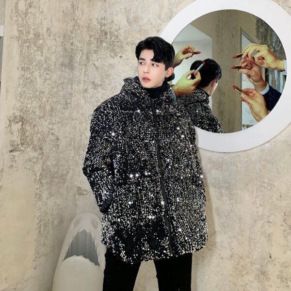 Streetfashion Winter Coat,Youth Hooded Sequin Stage Cotton Coat, Dark Style Jacket